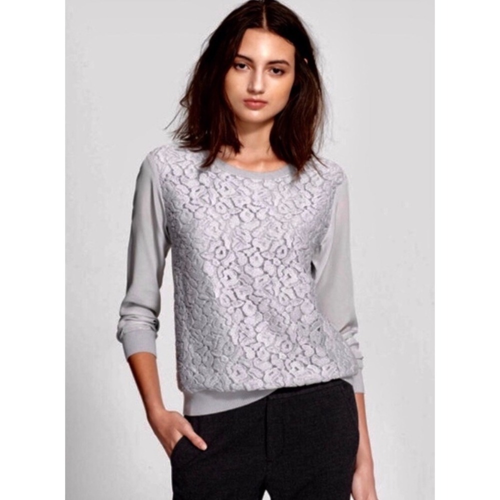 Vince Gray Lace Front Silk Blend Mixed Media Crew Neck Top XS